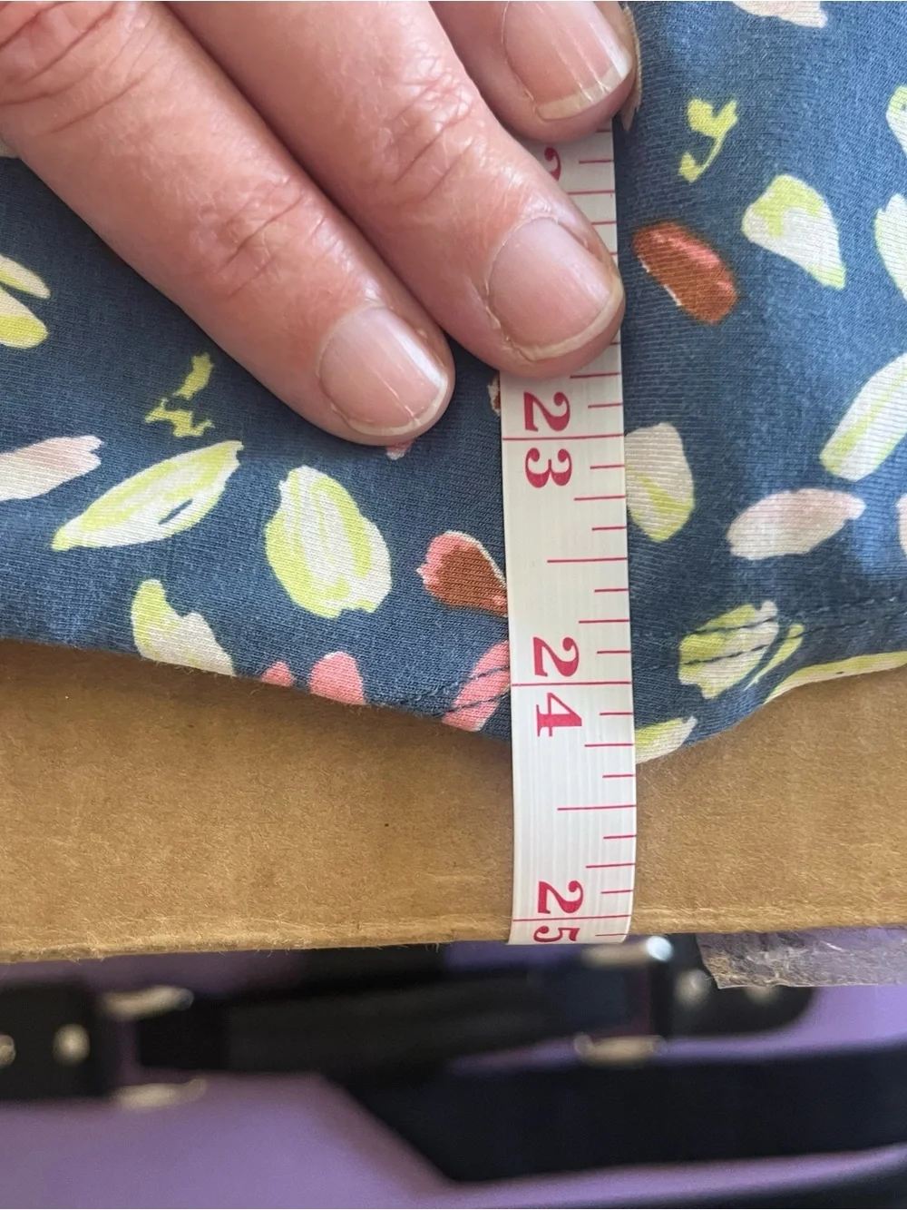 L.L. Bean Navy V-Neck Cap-Sleeve Top with Pink and Lime Leaf Print